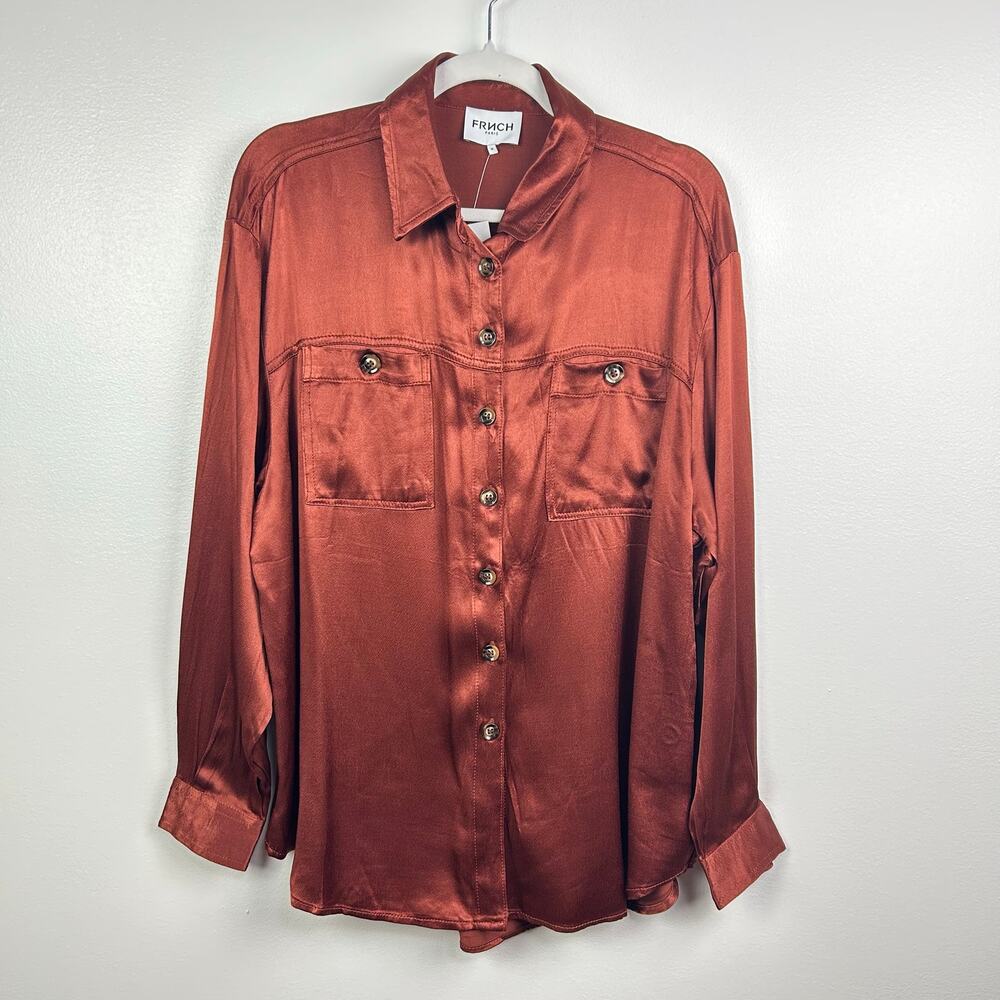 NEW French Paris Marron Gla Satin Rust Orange Button Front Blouse Size Medium